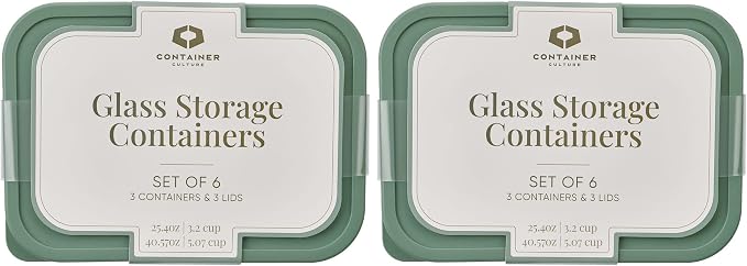 Glass Food Storage Containers with Lids — 12 Piece — 26.5 oz & 40.57 oz Glass with BPA-Free Leakproof Stackable Lids — Microwave, Oven & Dishwasher Safe — Ideal for Meal Prep & More - Soft Sage