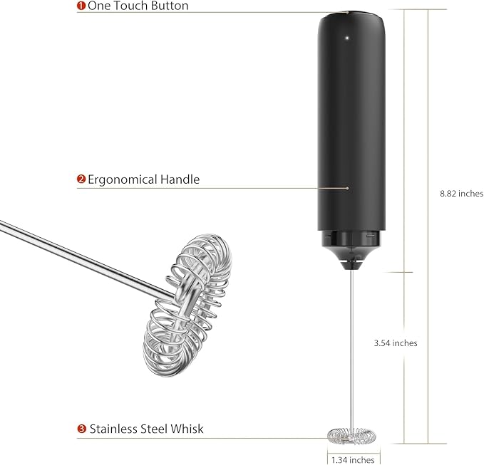 Rechargeable Milk Frother Handheld, Coffee Frother Wand Drink Mixer with Stainless Steel Whisk for Coffee, Cappuccino, Lattes, Frappe, Matcha and Hot Chocolate, (Black)