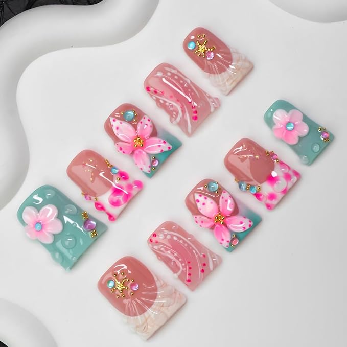 10 Pcs Handmade Press on Nails Duckbill Shape 3D Luxury Flower Acrylic Nails Summer Handmade Starfish Water Droplet Designs Short Fake Nails Thickened False Nail for Women (S)