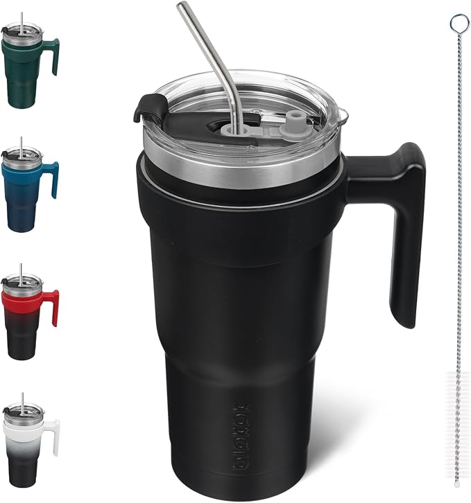 BJPKPK 20 oz Tumbler with Handle & Straw, Insulated Stainless Steel Mug | Double Wall Vacuum, Keeps Hot/Cold, Thermal Cup, BPA Free, Dishwasher Safe, Cupholder Fit, Coffee & Travel, Black