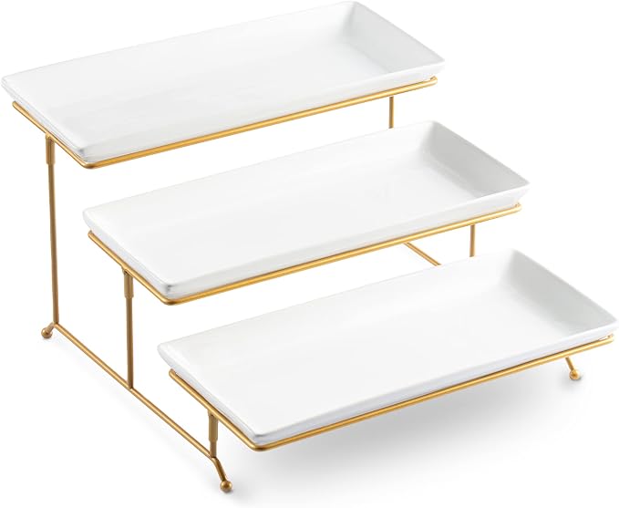 LYEOBOH 3 Tier Serving Stand and Platters Set Tiered Serving Tray for Party | 14 Inches Large Tiered Serving Platters with Collapsible Sturdier Rack for Appetizer Fruit, Dessert and Cupcake, White