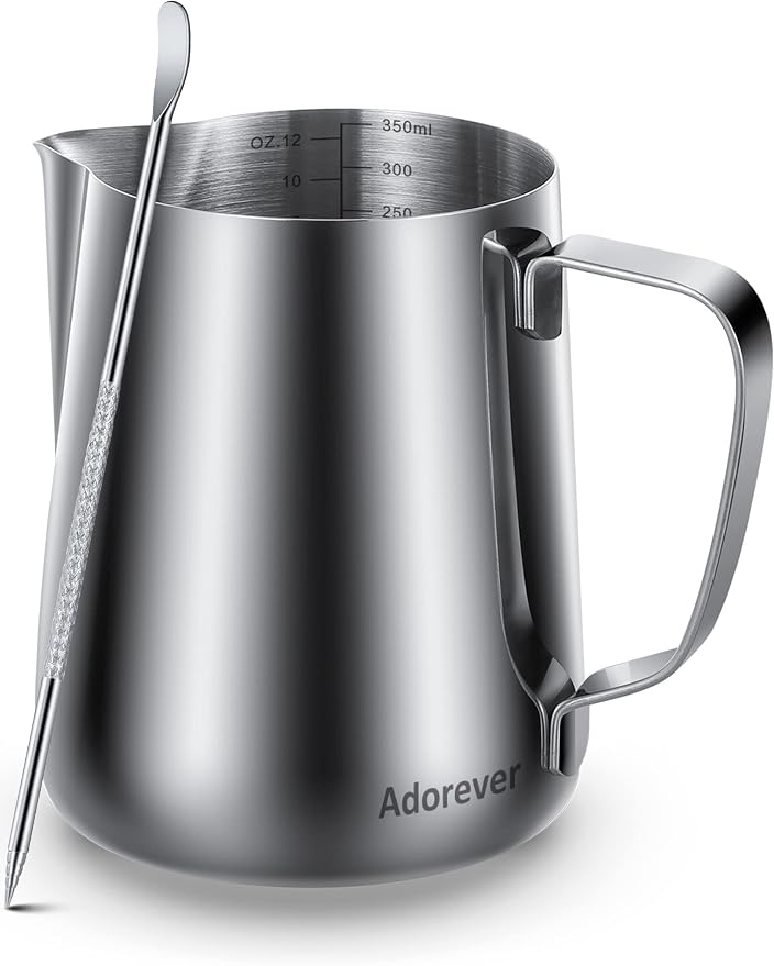Milk Frothing Pitcher, 8.5oz/12oz/20oz/32oz/50oz/66oz Milk Frother Cup Stainless Steel, Espresso Accessories, Milk Steaming Pitchers Coffee Cappuccino Latte Art Barista Milk Jug Cup with Art Pen,12oz