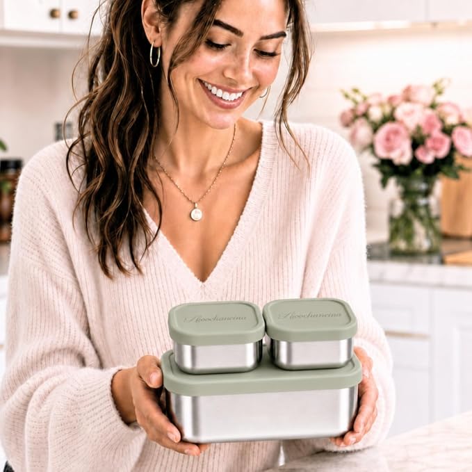 Flexibento Leak Proof 40 OZ Stainless Steel Lunch Box, Silicone Lids, Sage Set of 3