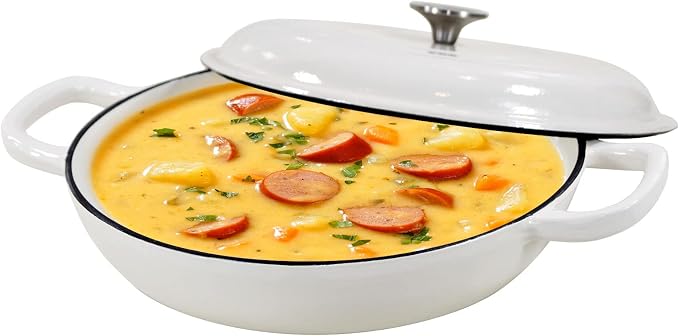 Enameled Cast Iron Braiser Pan, 3.8 Quart Shallow Dutch Oven with Lid, Heavy Duty Casserole Skillet with Dual Handles for Family or Friends Gifts, Oven-Safe to 500°F, White
