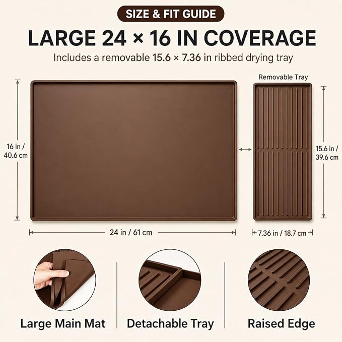 Silicone Coffee Mat 24 x 16 in with Tray, Classic Coffee Brown | Coffee bar mat for countertop use, coffee station mat or coffee machine mat with removable tray and 0.47 in raised rim.