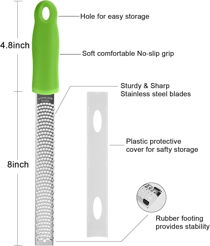 8-Inch Lemon Zester & Cheese Grater, 18/8 Stainless Steel, Green | Fine 18/8 Stainless Steel Blade for Citrus, Parmesan, Ginger and Garlic, Soft Non-slip Handle, Cover, Dishwasher Safe