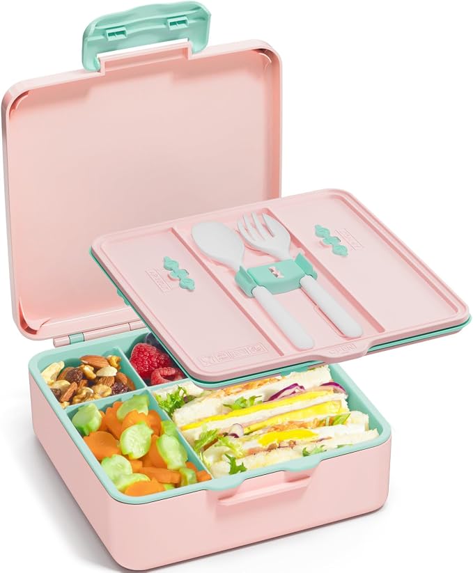 Fimibuke Bento Lunch Box for Kids, Toddler Bento Box with 4 Compartments | Leak Proof BPA Free Dishwasher Safe Lunch Container with Utensils, Ideal Portion Sizes for Ages 3-12 Girls Boys for School