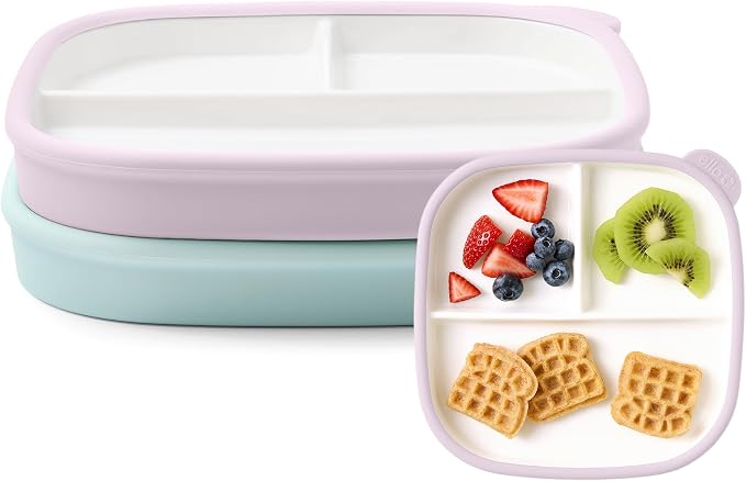 Ello Clean Start Ceramic Toddler Divided Plates, 2 Pack, Dewdrop/Sugarplum | Porcelain toddler tableware for meals and snacks with silicone sleeves, microwave safe, dishwasher safe, and BPA-free