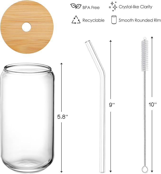 NETANY 1 Pack Glass Cups with Bamboo Lids and Straws 16 oz, Gifts for Women, Drinking glasses set, Iced Coffee, Tea Cup, Cute Aesthetics Tumbler Cup, Mothers Day, Birthday Gifts for Her Mom