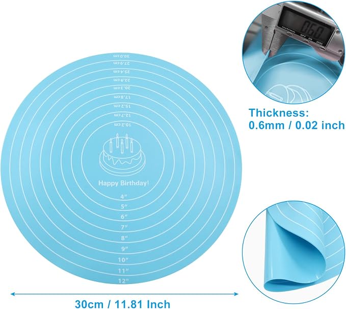 Hitefu 12 Inch Round Silicone Cake Mat, Blue | Silicone Baking Mat, With Measurement, For Cake Turntable, For Rolling Dough