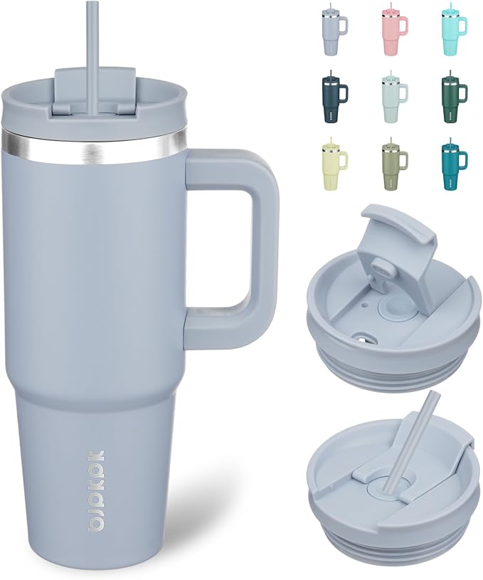 BJPKPK 30 oz Insulated Tumbler with Handle & Straw, Stainless Steel | Double Wall Vacuum Insulation, Leak Proof, BPA Free, Dishwasher Safe, Cupholder Friendly, Travel & Outdoor, Modern Blue