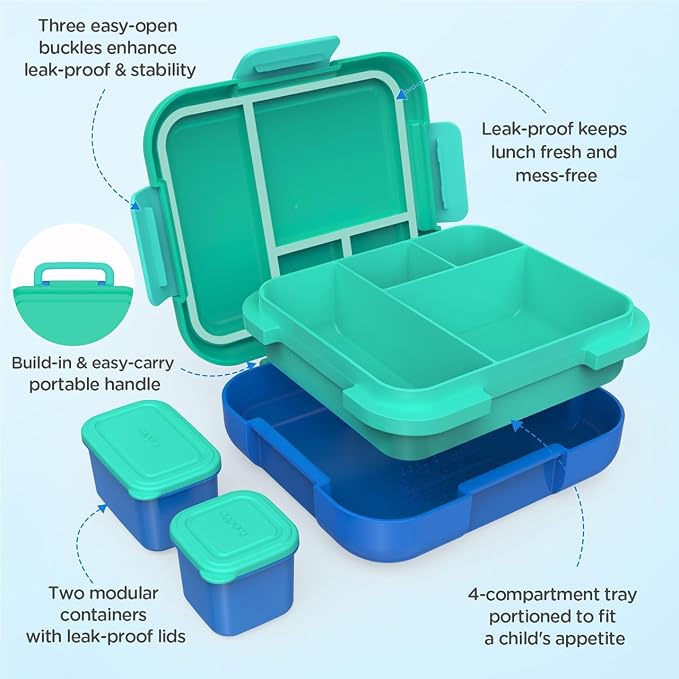 Caperci Bento Box for Kids Age 4-8 - 4.8 Cups Lunch Box with 2 Modular Containers - 4 Compartments Lunch Container, Leak-Proof, Portable Handle, Microwave/Dishwasher Safe (Jungle Green/Blue)