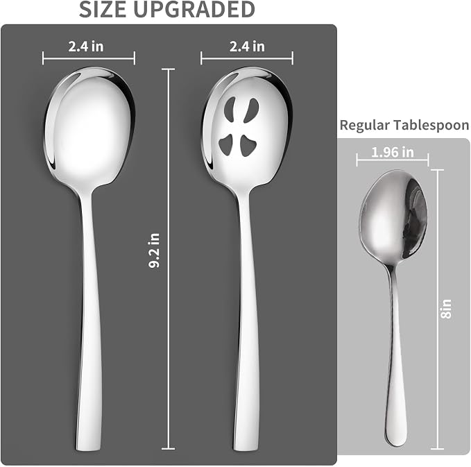 8 Piece Stainless Steel Serving Spoons Set - 4 Large, 4 Slotted, 9.2-Inch, Dishwasher Safe, for Parties/Kitchen/Buffet/Catering
