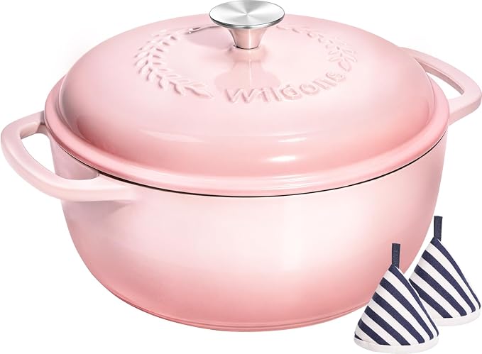 Wildone 6QT Enameled Cast Iron Dutch Oven Pot with Lid, Heavy-Duty Cookware for Bread Baking, Braising, Stews, Roasting, Wedding Registry Ideas & Gifts, Pink