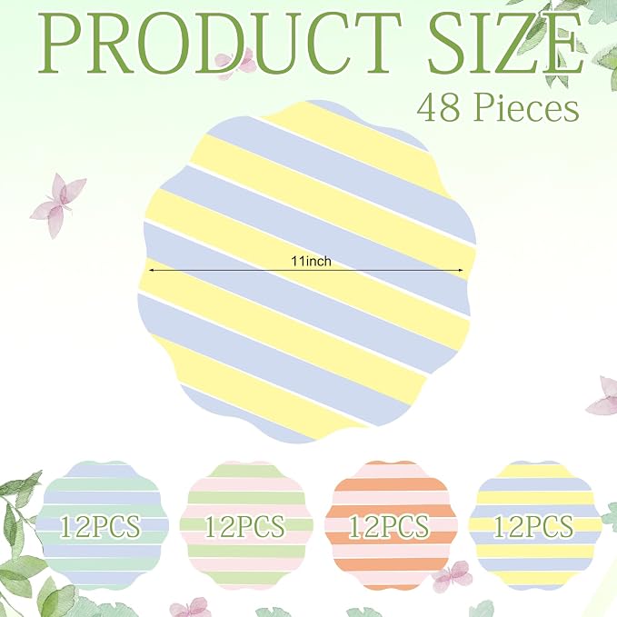 Patelai 48 Pcs Wavy Round Paper Placemats Colorful Pastel Disposable Placemats with Wavy Border for Birthday Wedding Tea Party Banquet Dinner Table Setting (Stripe)