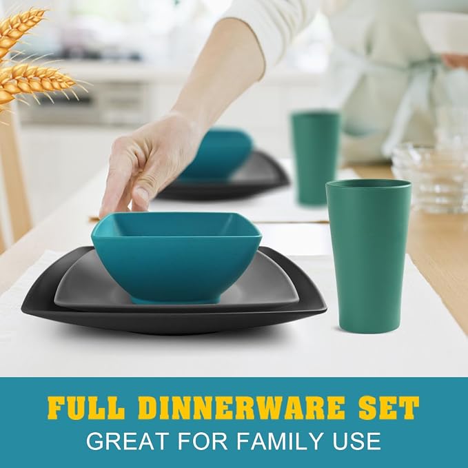 Teivio 16-piece Plastic Wheat Straw Square Dinnerware Set for 4, Unbreakable Dinner Plates, Salad Plates, Snack Bowls, Tumblers 13.5 oz, Dishwasher Safe, Kitchen Outdoor RV Dish, Coastal Multicolor