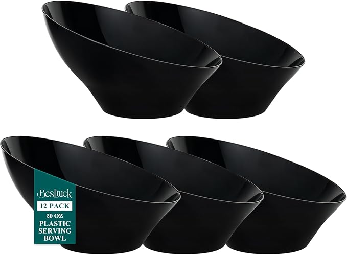 Bestluck 20 Oz Black Plastic Party Bowls, 12 Pack | Disposable Snack Bowls for Chips, Candy, Salad, Snacks & Fruit, Perfect for Parties, Buffets & Everyday Use