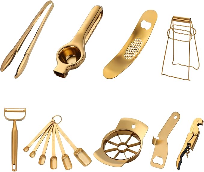Gold Kitchen Accessories Set Tools Garlic Press Bottler Wine Opener Measuring Spoons Lemon Squeezer Vegetable Peeler Apple Cutter Kitchen Tongs Dish Holder Ice Tongs, Buyer Star, Dish Washer Safe…