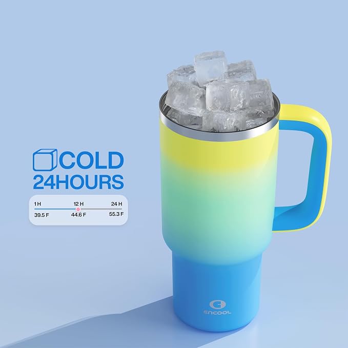 ENCOOL 32 oz Tumbler with Handle and Straw: Stainless Steel Insulated Tumbler Keeps Cold for 24 Hours, Leakproof Travel Cup Fits in Cup Holder and BPA-Free, Soft Lagoon