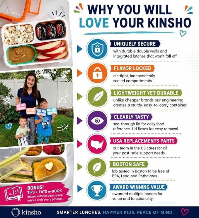 kinsho Bento Box for Kids Lunch-Boxes for Adults | Portion Snack Containers for Boys Toddlers Pre-School Daycare Work Lunches BPA Free | 4 Compartments, Gray Blue, 2 pack