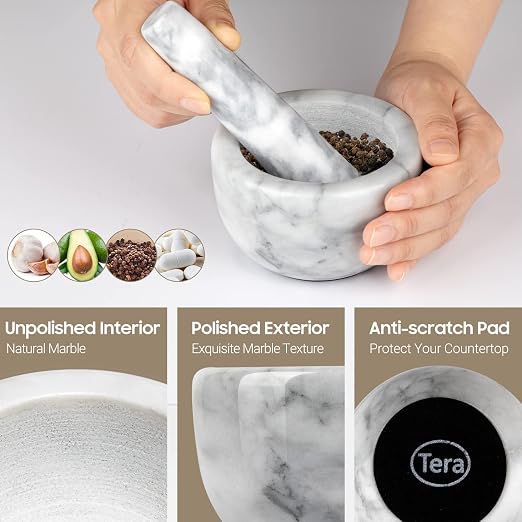 Tera Mortar and Pestle Set Marble Small Bowl Solid Stone Grinder Spice Herb Grinder Pill Crusher White, Diameter 3.93"