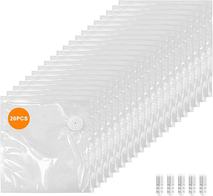 MEGAWISE Reusable Vacuum Zipper Bags 20Pcs 12×13.5in, BPA‑Free Air Valve Bags with 5 Seal Clips for Sous Vide, Freezer & Microwave