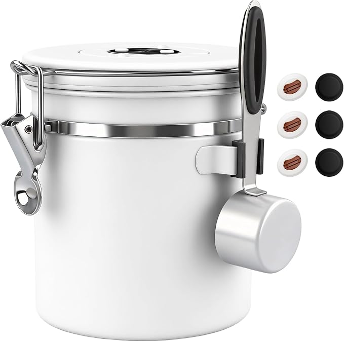 ShanSon Coffee Canister Airtight, Stainless Steel Bean Storage Container with Date Tracker & Scoop, Grounds Sugar Flour Tea Cereal Fits Kitchen Pantry, Ideal Gift for Coffee Lovers,16oz, White