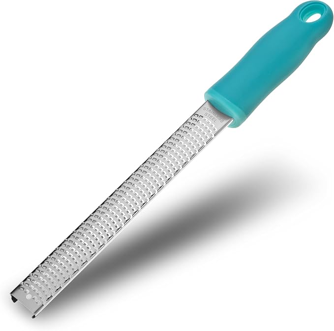 8-Inch Lemon Zester & Cheese Grater, 18/8 Stainless Steel, Blue | Fine 18/8 Stainless Steel Blade for Citrus, Parmesan, Ginger and Garlic, Soft Non-slip Handle, Cover, Dishwasher Safe