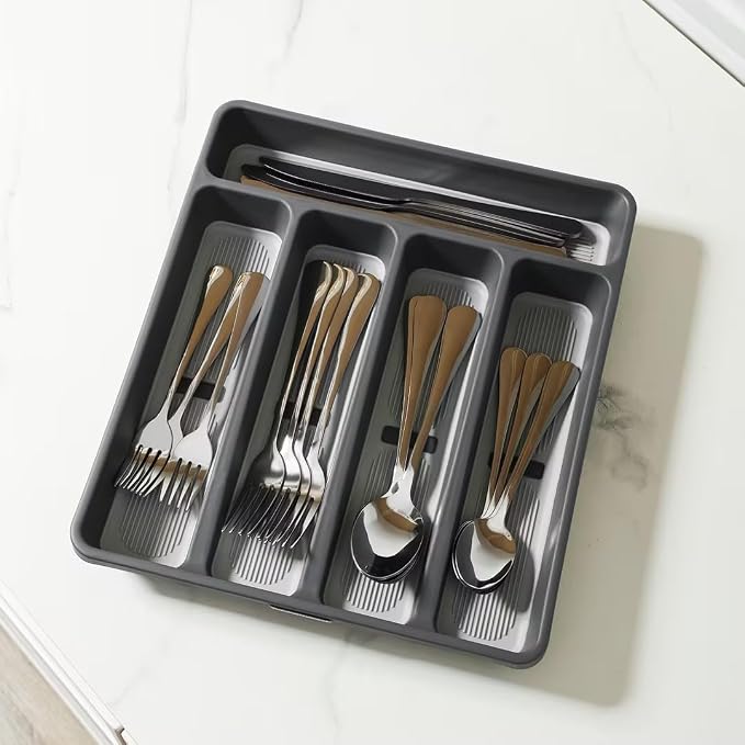 5-Compartment Silverware Organizer Tray with Icons for Kitchen Drawer | Non-slip TPR Linings，5-Compartment，High-quality Plastic，Fits Well In Standard Drawers，With Cutlery Icons
