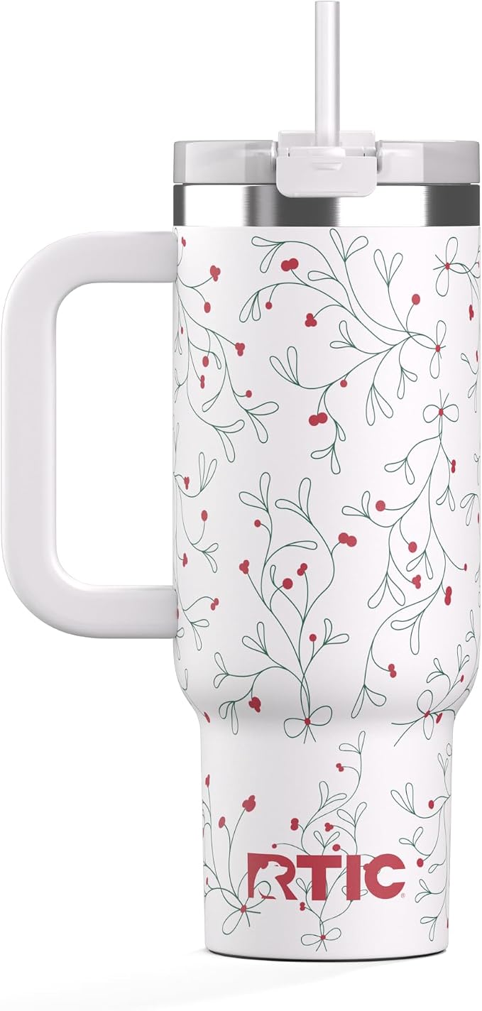 RTIC 30 oz Road Trip Tumbler Double-Walled Ceramic Lined InsulatedStainless Steel Portable Travel Coffee Mug Cup with Lid, Handle and Straw, Mistletoe