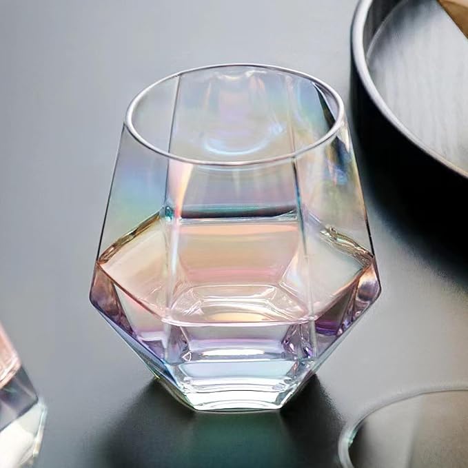 Wine Glasses Set of 4, Iridescent Stemless Wine Glasses 10oz | Geometric Diamond Shaped Glass Cups, Red and White Wine, Whiskey, Cocktail, Bourbon, Juice, Water