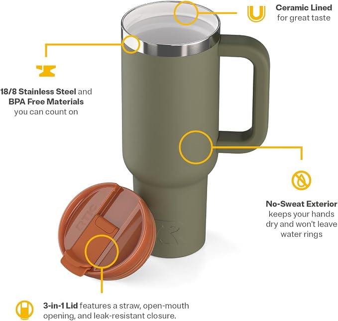 RTIC 40oz Road Trip Tumbler, Insulated, Ceramic Lined, Trailblazer | with Lid, Handle and Straw, Stainless Steel Metal Cup, Portable for Hot and Cold Drinks, Coffee, Car, Camping, Travel