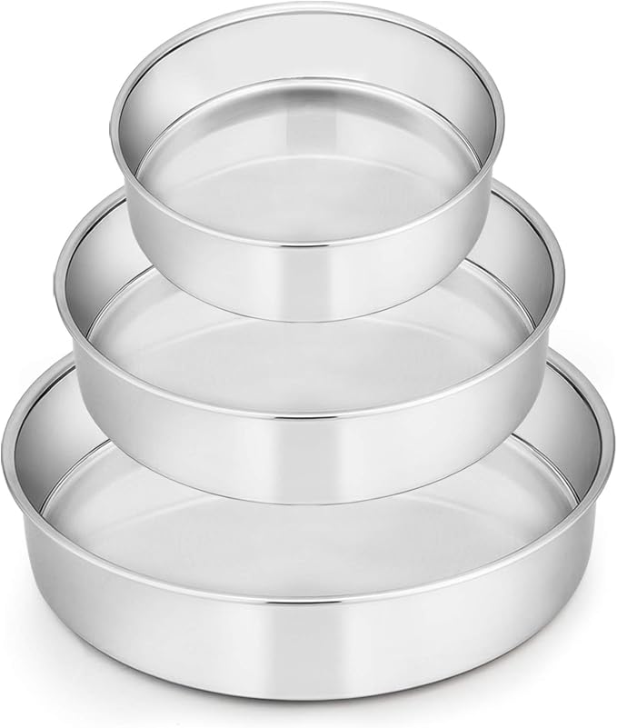 E-far Cake Pan Set of 3 (6 inch/8 inch/9½ inch), Stainless Steel Round Layer Cake Baking Pans, Perfect for Birthday Wedding Tier Cake, Non-Toxic & Healthy, Mirror Finish & Dishwasher Safe