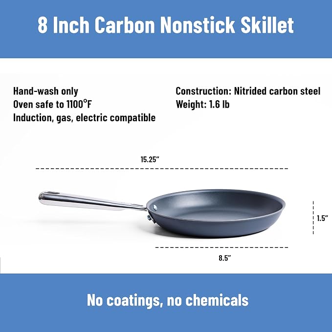 Misen Carbon Nonstick™ Skillet - Nitrided Carbon Steel - Professional Alternative to Teflon - 1100°F High Heat Ready - Easy Release - Induction, Oven, & Grill Safe - 8 Inch