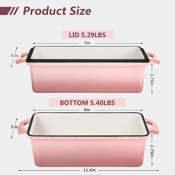 Wildone Enameled Cast Iron Bread Loaf Pan with Lid, 9x5 Sourdough Baking Pans for Homemade Bread, Cake, Meatloaf, Even Heating Bread Pans, 2-Piece Set, Pink