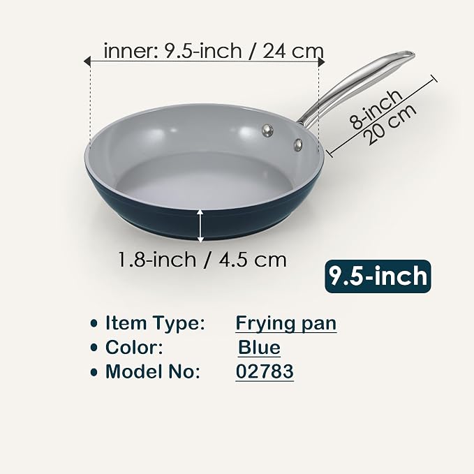Cook N Home Classic 9.5 Inch Ceramic Nonstick Frying Pan, Cookware Skillet Egg & Omelet Pan, Induction, Oven Safe, Blue