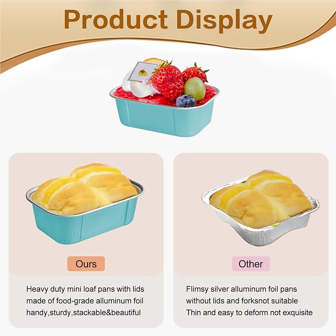 Mini Loaf Pans With Lids And Spoons 50 Pack,5.5 Oz Rectangle Mini Individual Cake Tins Disposable Small Aluminum Foil Baking Pans(50, Wathet)