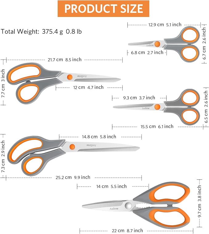 Asdirne Kitchen Scissors Set, Knife-Grade Stainless Steel, TPR Comfortable Handle All Purpose Scissors, Include One Poultry Shears and Four Different Sizes of Cooking Scissors, Perfect Kitchen Partner