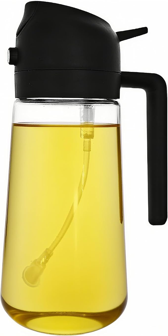 ZHIYE Oil Spray Bottle for Cooking, 16oz/470ML 2 in 1 Olive Oil Dispenser Sprayer for Kitchen Premium Clear Glass Oil Bottle for Cooking, Air Fryer, BBQ, Salad, Black