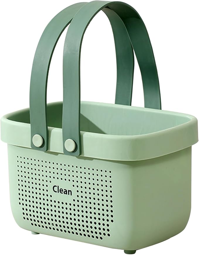 Portable Shower Caddy Basket with Handle Plastic Storage Basket Small Green | Sturdy Drainage Large Capacity Organizer Basket with Silicone Handles for Bathroom Kitchen Bedroom College Dorm Essentials