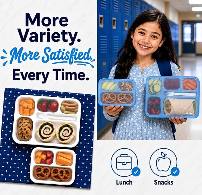 Bento-Box Lunch Box & Portion Control Snack Container Set, Leakproof Lunch-Boxes, Containers for School Meal Prep, Kids Boys Girls Adults, BPA Free, Utensils, Blue Large and MINI 2 pack
