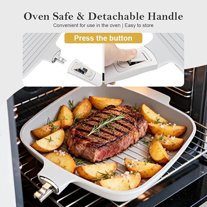 RANX INGST Nonstick Ceramic Griddle Pan with Lid, 10 Inch Steak Pan- White | Detachable Handle Induction Compatible