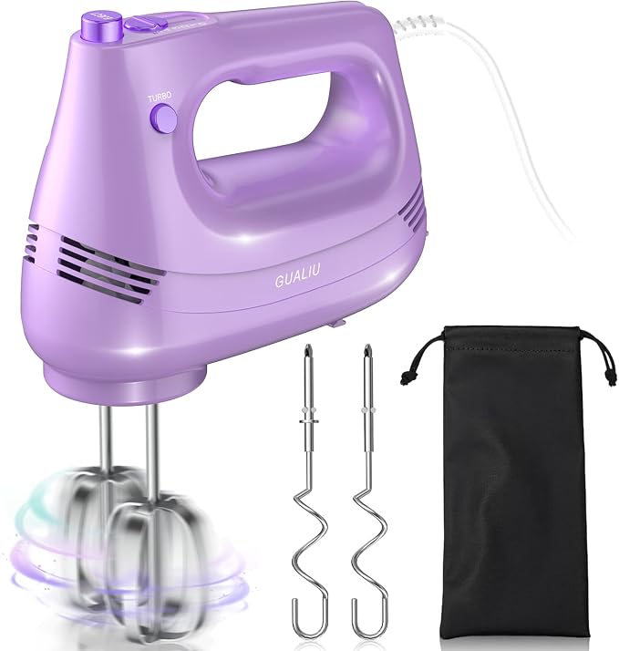 GUALIU Electric Hand Mixer, 304*(2* Beaters, 2* Dough Hooks), (1* Storage Bag) Handheld Mixer for Baking Cakes, Eggs, Cream Food Mixers, Turbo Boost /5 Speed Kitchen Blender PURPLE