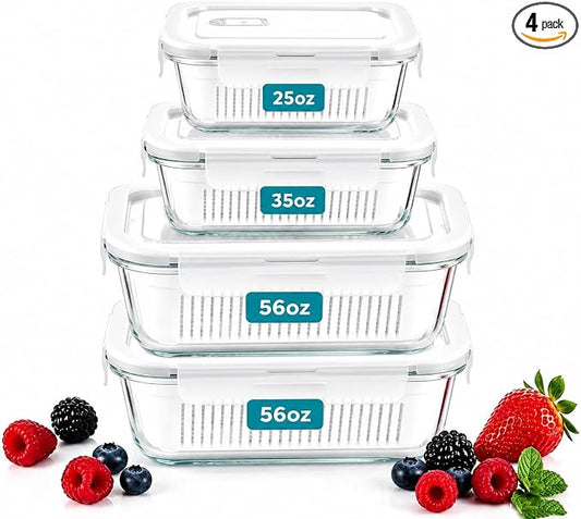 4 Pack Glass Berry storage containers for fridge with Removable Colander and Vent Valve, Fresh fruit Produce Storage Set（white）