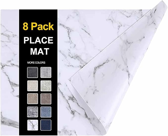 Faux Leather Heat Resistant Placemats 8 Packs, Waterproof Wipeable Dining PU Place Mats for Indoor & Outdoor, Easy to Clean, Marble