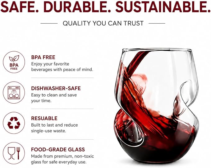 2 Pack Stemless Wine Glasses, 16 oz Handcrafted Clear Glass Set with Finger Indentations, Suitable for Everyday Use, Hosting, Evening Parties, and Celebrations