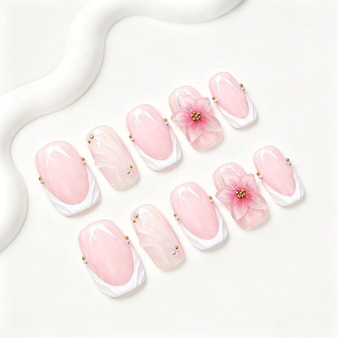 Handmade Press on Nails Glossy Pink Fake Nail Short Square Stick on Nails Acrylic Nails 3D Flower Press on Nails Designs White French Tip Full Cover Muti-Layer Gel Thick False Nail for Women (S)