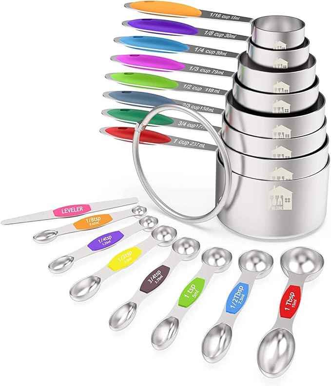 Wildone Measuring Cups and Magnetic Measuring Spoons Set, 16Pcs | 8 Stainless Measuring Cups, 7 Double-sided Magnetic Measuring Spoons & leveler for Spice Jar and Liquid Measuring, Multicolor