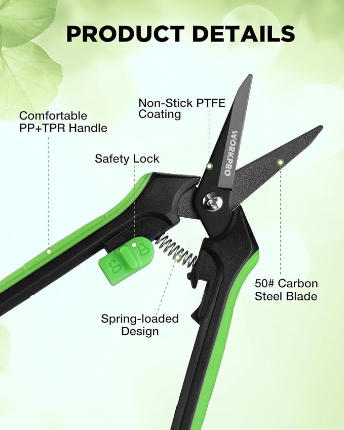 WORKPRO 2-Pack 6-Inch Garden Pruning Shears | High-Carbon Steel Gardening Scissors, Spring-Loaded Nonstick Pruning Shears with Safety Lock for Fruit & Vegetable Picking