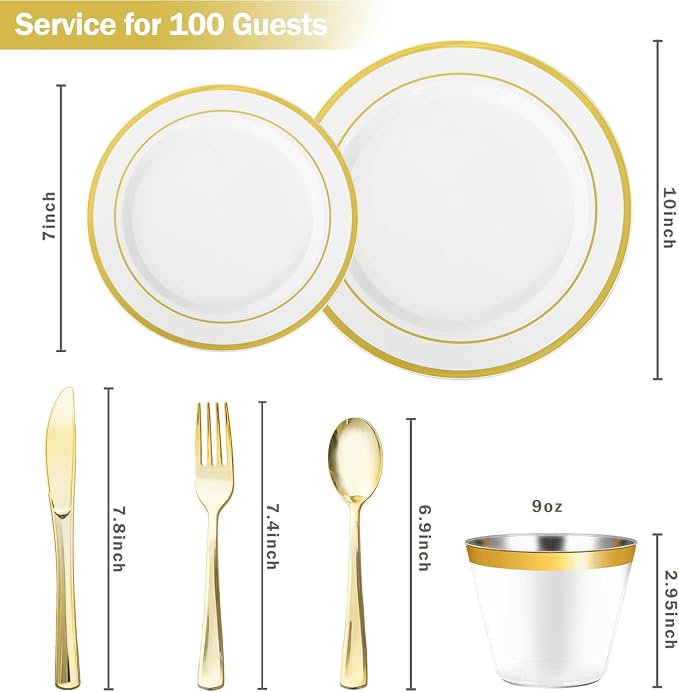 600PCS White and Gold Plastic Plates, Disposable Dinnerware Set | 100 Dinner & Dessert Plates, Forks, Spoons, Knives, Cups, Heavy Duty, Gold Rim, 100 Guest, for Wedding Birthday Party